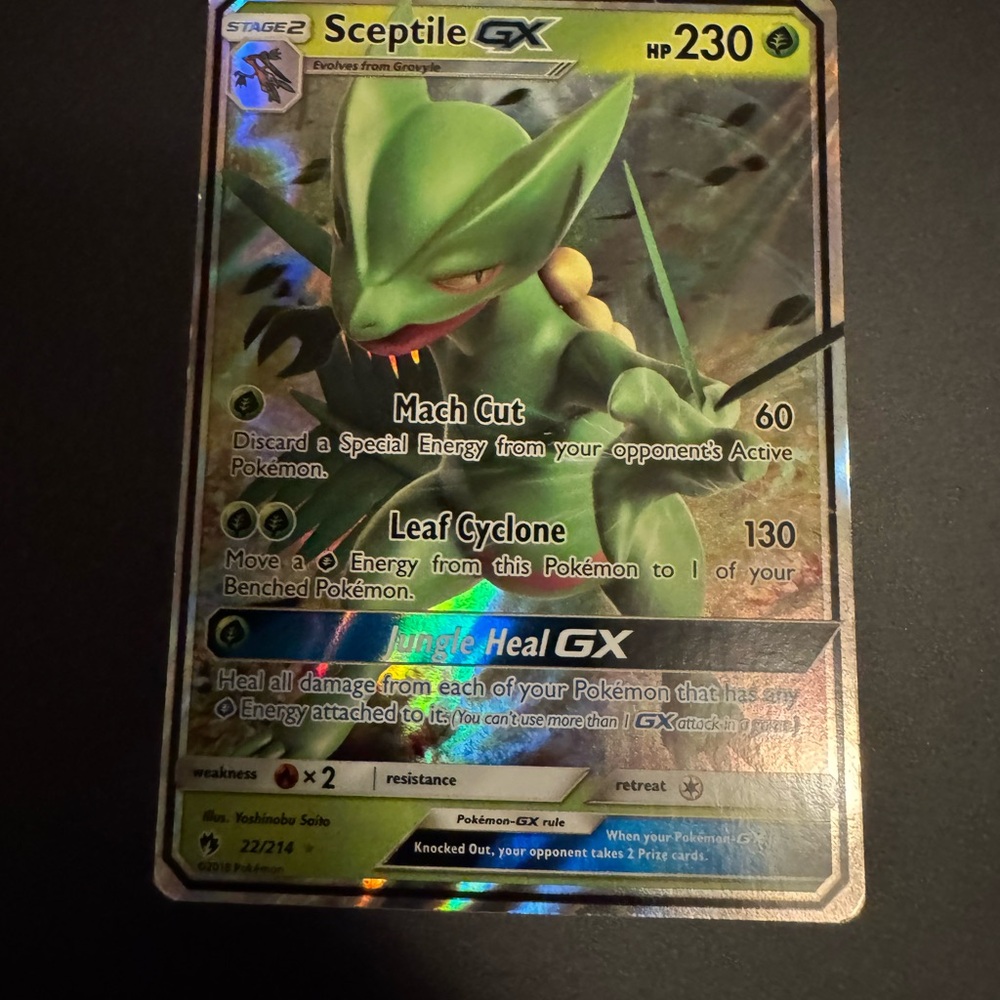 Pokemon Sceptile GX Holofoil Card — Green & Yellow Accents